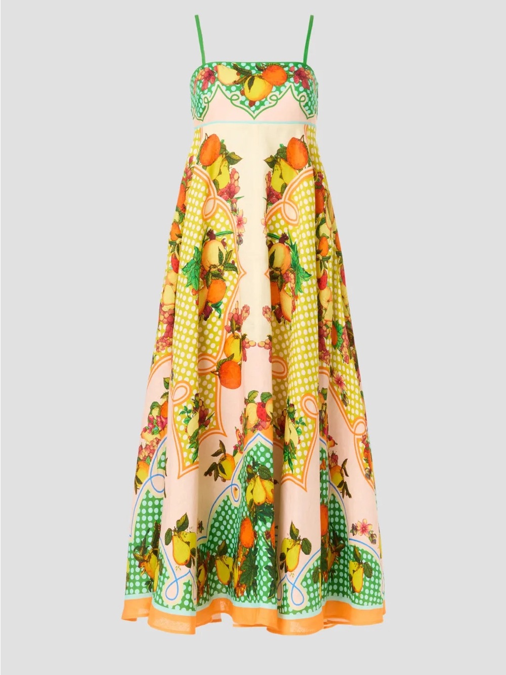Alemais LEMONIS Citrus Fruit Floral Linen Yellow Midi Dress Sundress Size US 4